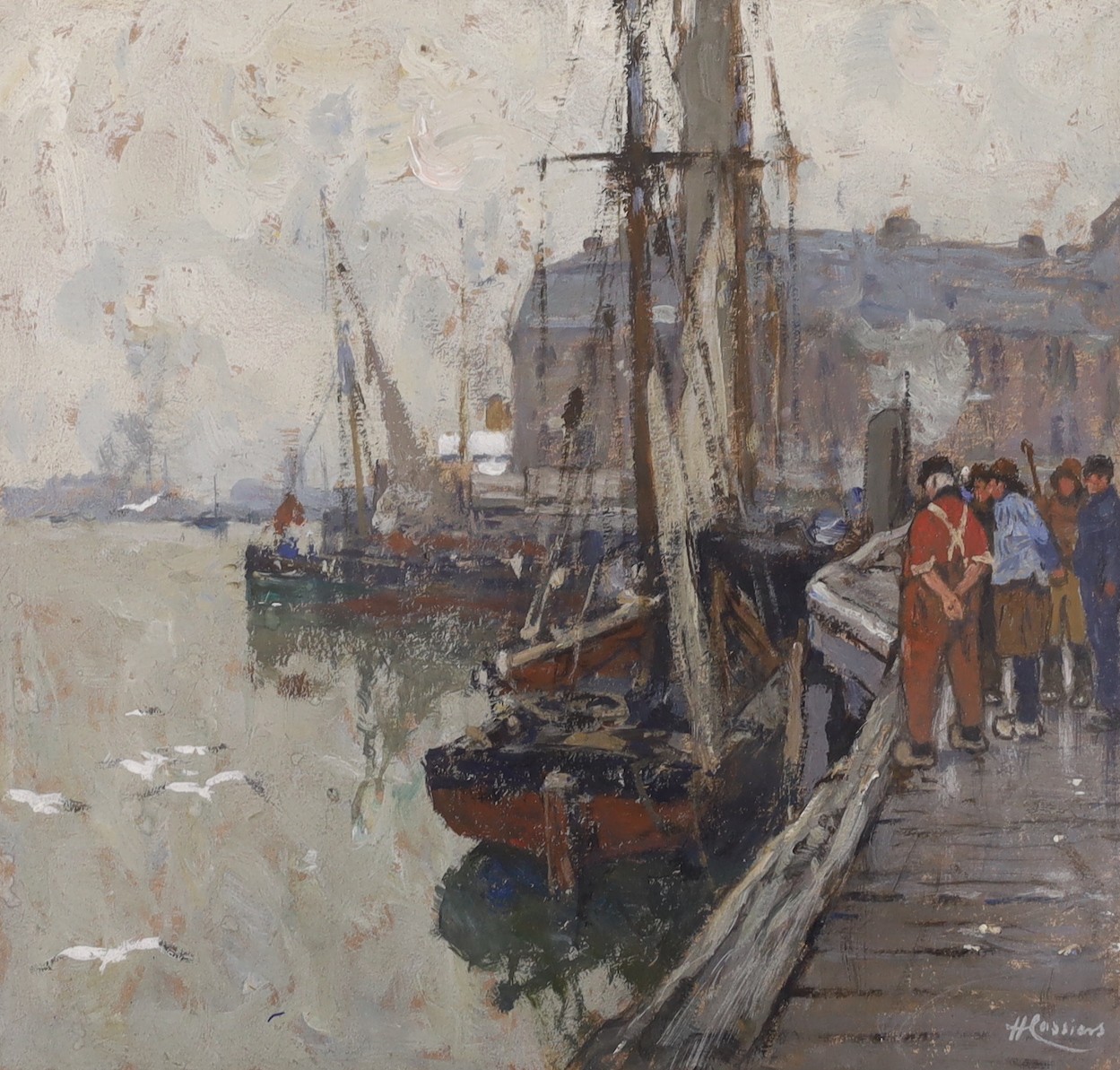 Henri Cassiers (1858-1944), oil on card, Fisherfolk along the wharf, signed, 22.5 x 23.5cm.